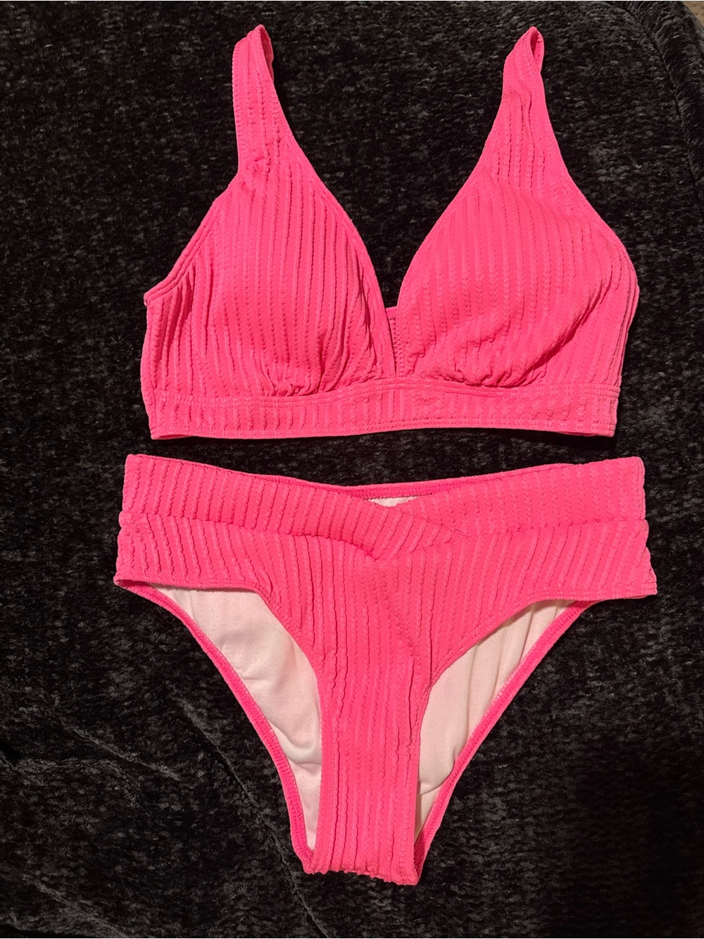 SHEIN Hot Pink Ribbed Triangle Bikini Set